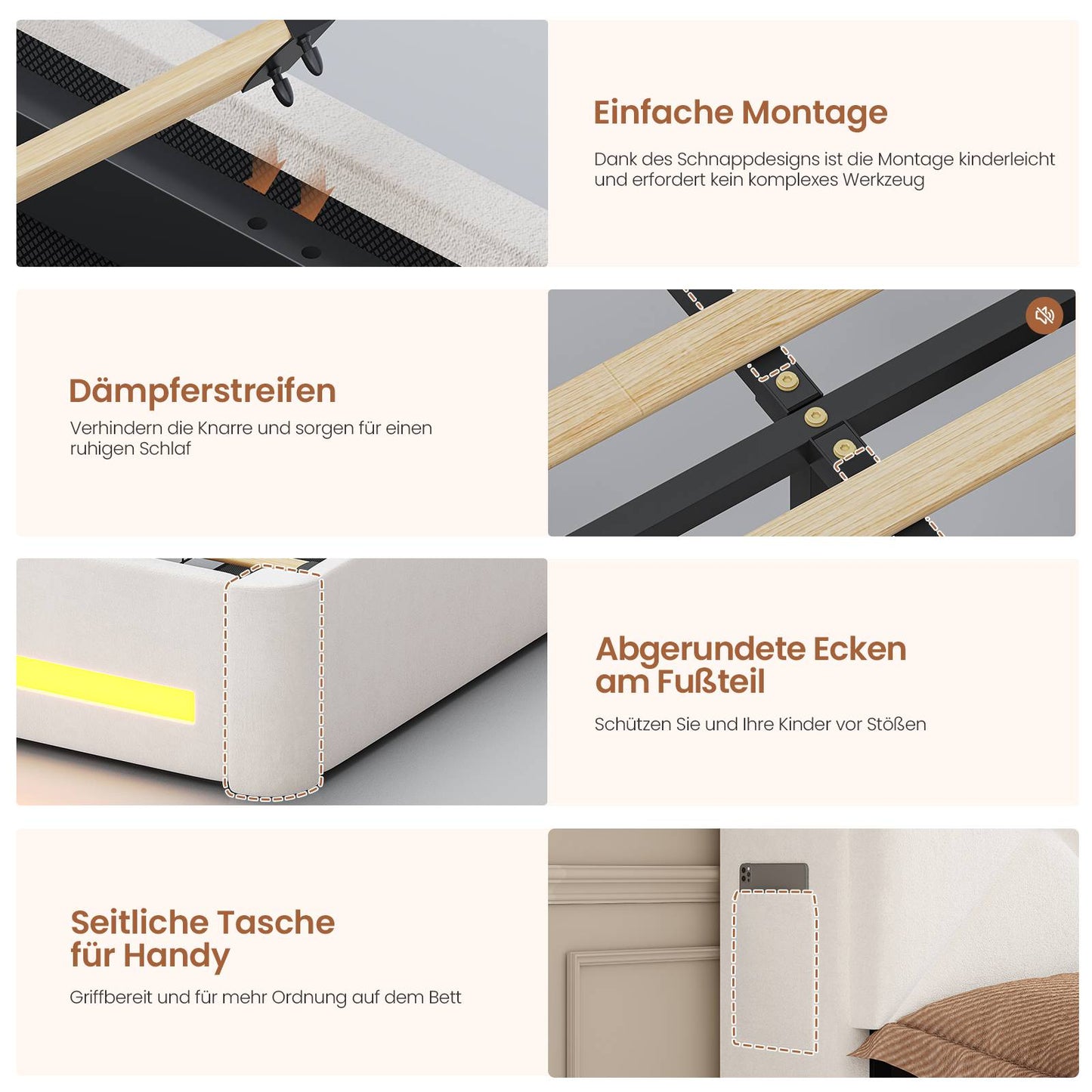 AOGLLATI Polsterbett 140x190 mit Krone-Design Ladestation & LED-Beleuchtung Doppelbett mit Gepolstertes Kopfteil 2 Schubladen