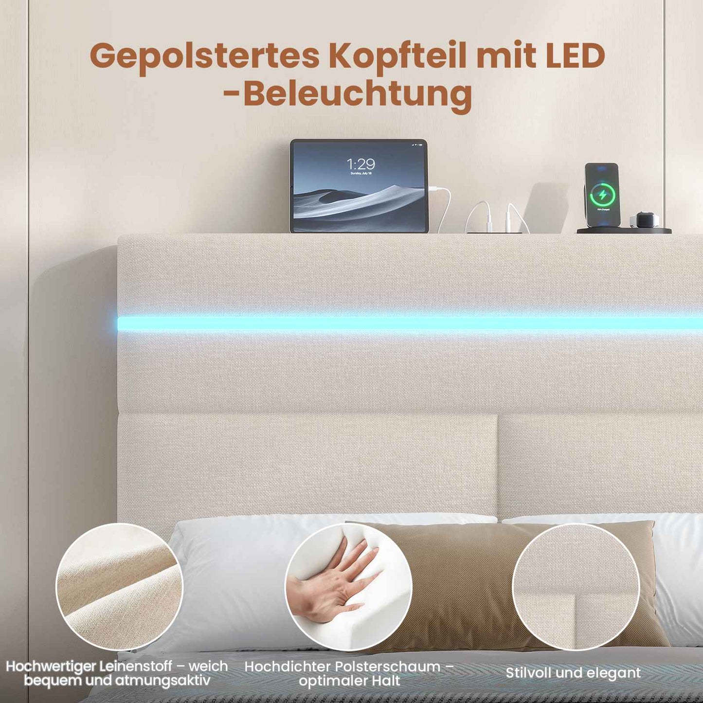 AOGLLATI Bett 140x190 mit Hydraulischem Stauraum Polsterbett Doppelbett mit LED-Kopfteil & Ladestation Jugendbett mit Lattenrost