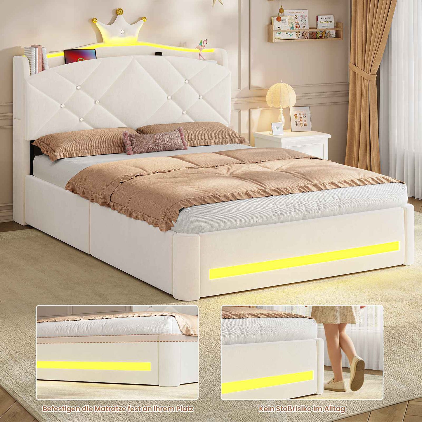 AOGLLATI Polsterbett 140x190 mit Krone-Design Ladestation & LED-Beleuchtung Doppelbett mit Gepolstertes Kopfteil 2 Schubladen