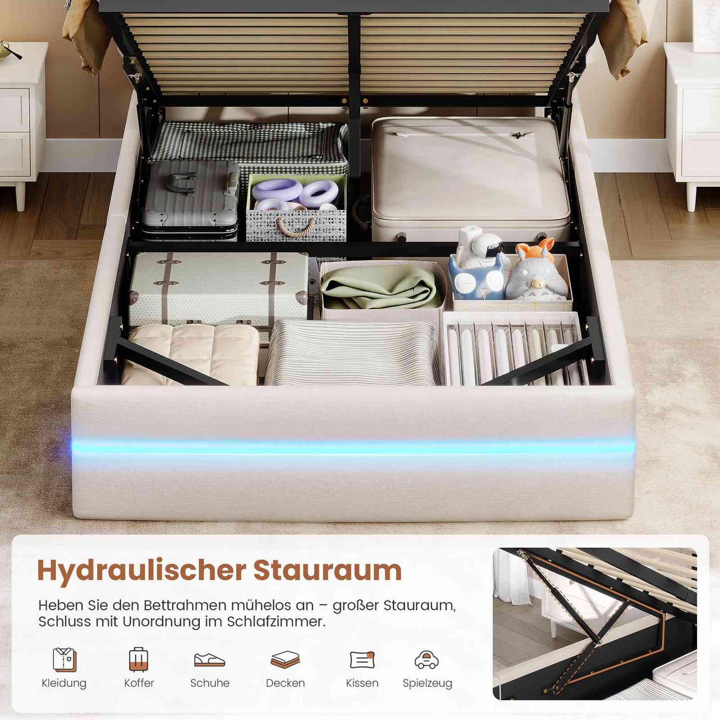 AOGLLATI Bett 140x190 mit Hydraulischem Stauraum Polsterbett Doppelbett mit LED-Kopfteil & Ladestation Jugendbett mit Lattenrost
