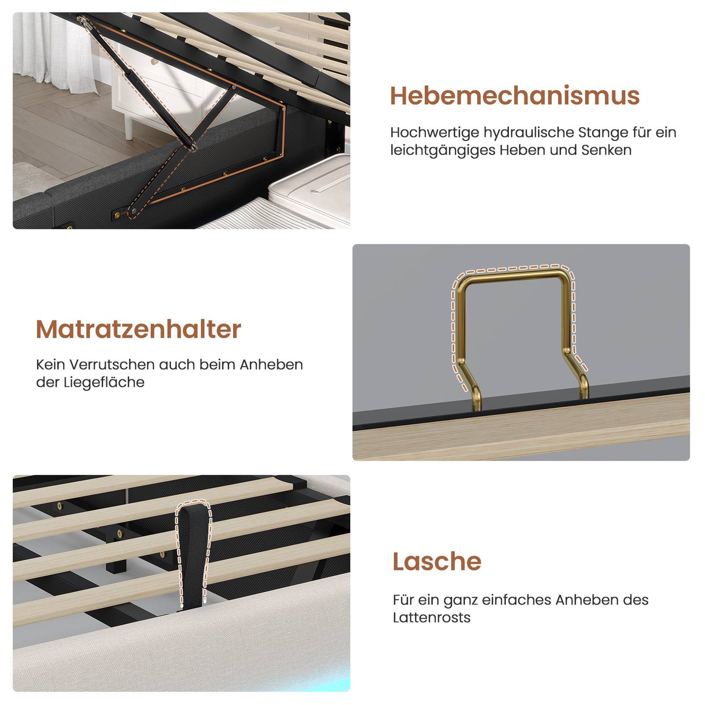 AOGLLATI Bett 140x190 mit Hydraulischem Stauraum Polsterbett Doppelbett mit LED-Kopfteil & Ladestation Jugendbett mit Lattenrost