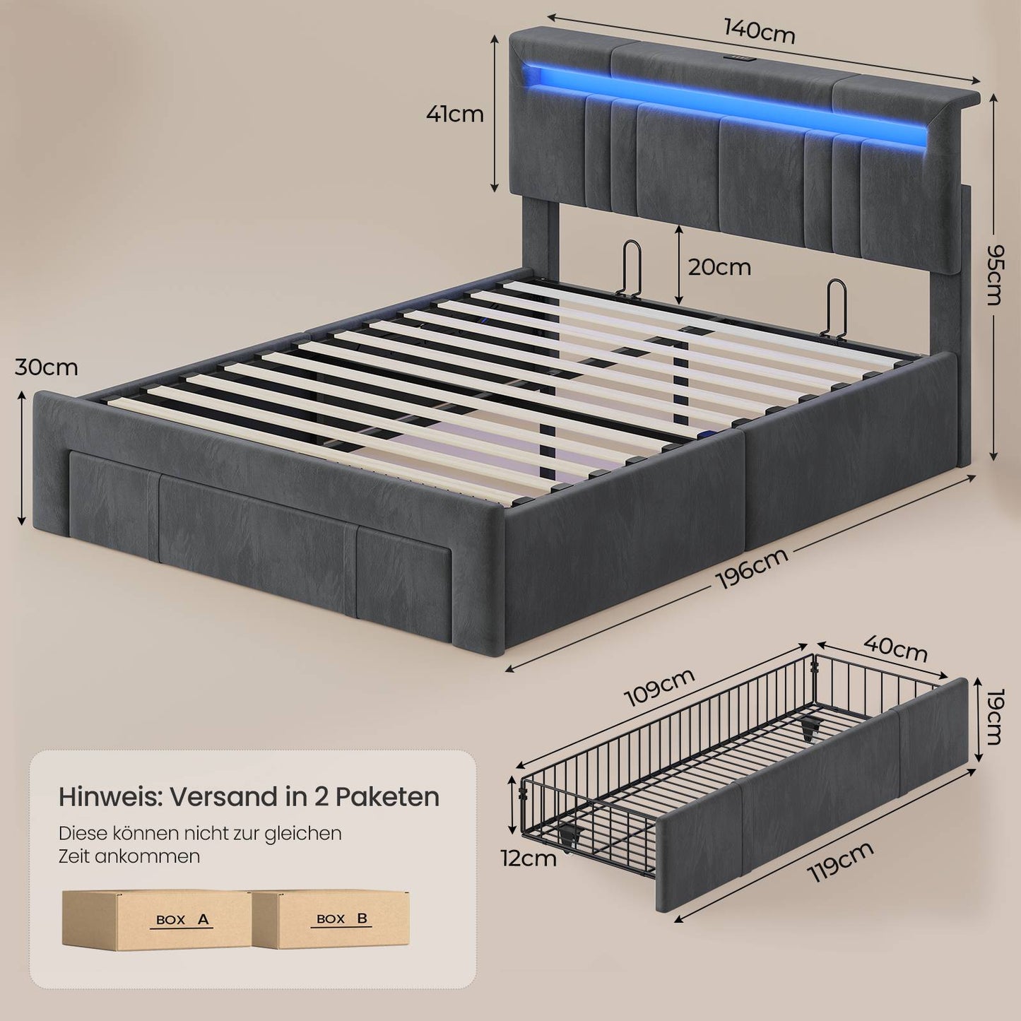 AOGLLATI Polsterbett 140x190 mit Stauraum Jugendbett mit Steckdosen und LED-Beleuchtung Höhenverstellbares Kopfteil