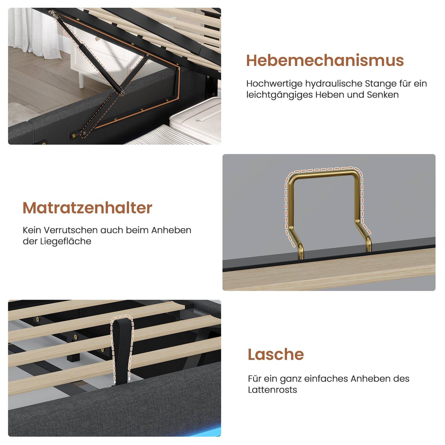 AOGLLATI Bett 160x200 mit Hydraulischem Stauraum Polsterbett mit LED-Kopfteil & Ladestation Jugendbett mit Lattenrost für 160x200 Matratze