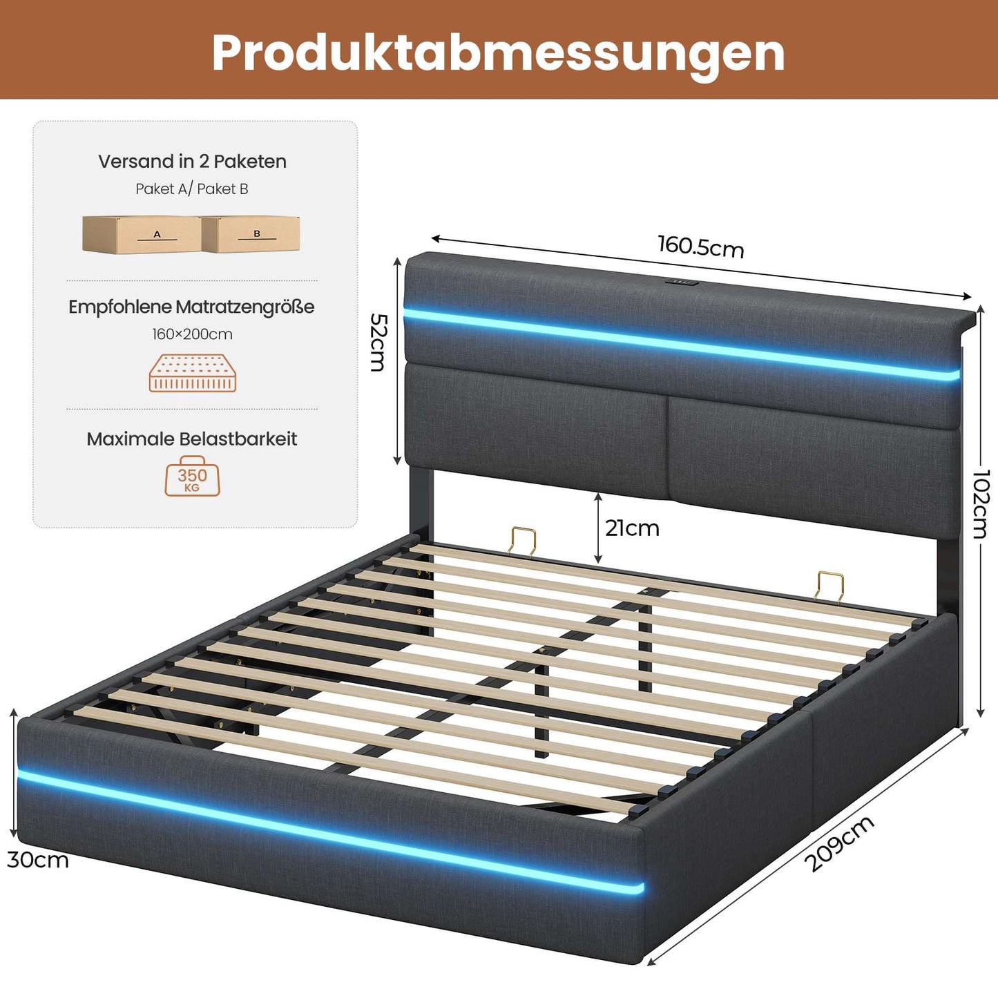 AOGLLATI Bett 160x200 mit Hydraulischem Stauraum Polsterbett mit LED-Kopfteil & Ladestation Jugendbett mit Lattenrost für 160x200 Matratze