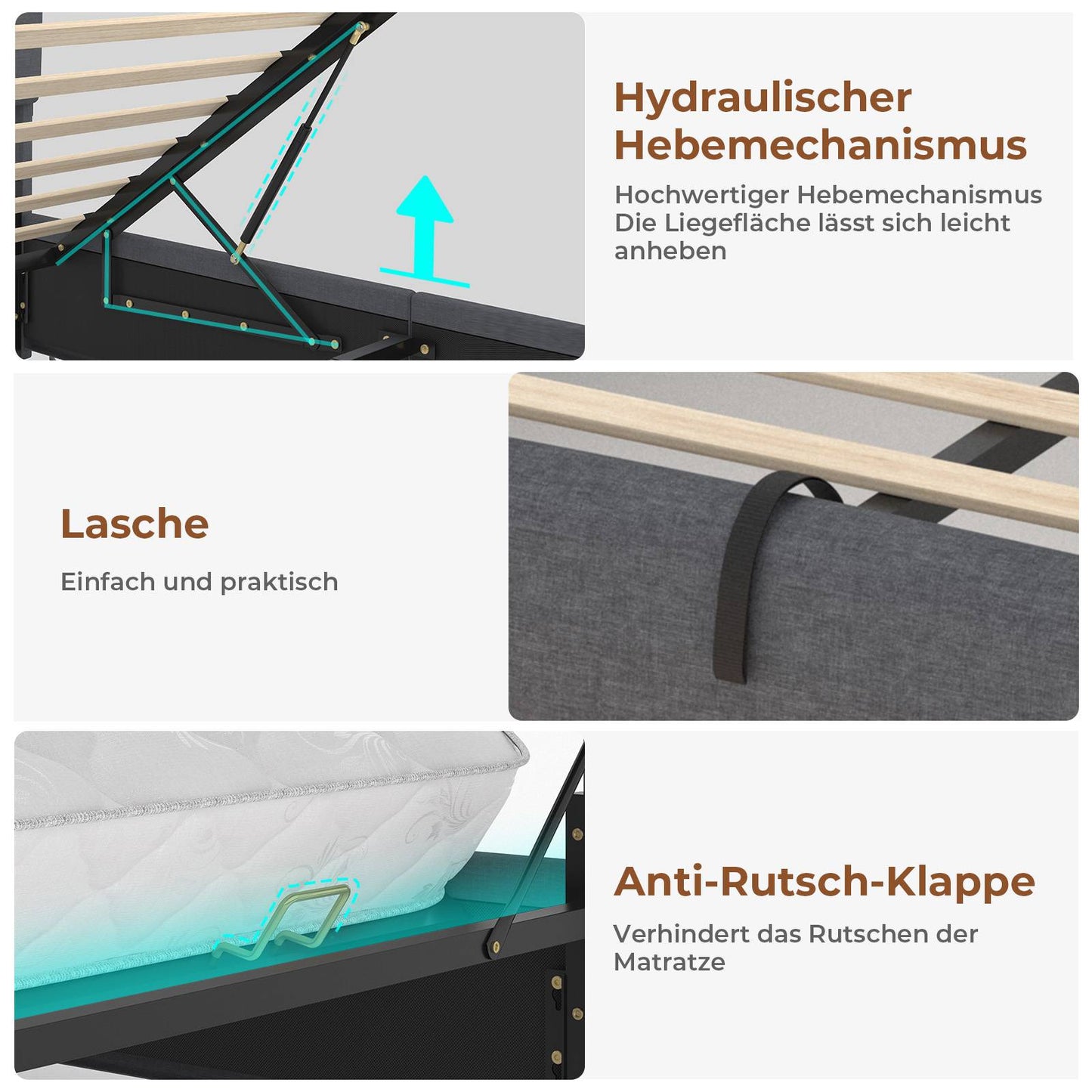 AOGLLATI Polsterbett 140×190 mit Steckdosen und LED-Beleuchtung Doppelbett mit Stauraum Kopfteil Bett  mit Hydraulische Stauraum