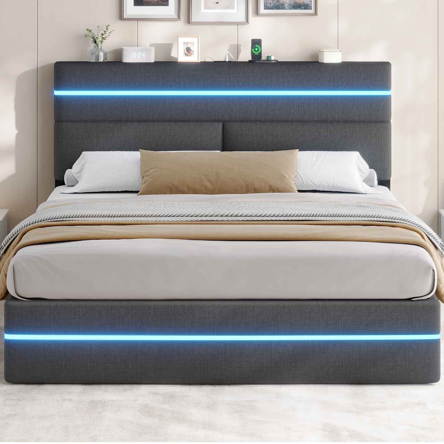 AOGLLATI Bett 160x200 mit Hydraulischem Stauraum Polsterbett mit LED-Kopfteil & Ladestation Jugendbett mit Lattenrost für 160x200 Matratze