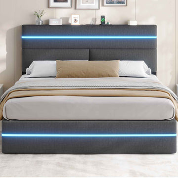 AOGLLATI Bett 160x200 mit Hydraulischem Stauraum Polsterbett mit LED-Kopfteil & Ladestation Jugendbett mit Lattenrost für 160x200 Matratze