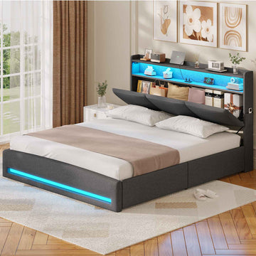 AOGLLATI Polsterbett 140×190 mit Steckdosen und LED-Beleuchtung Doppelbett mit Stauraum Kopfteil Bett  mit Hydraulische Stauraum