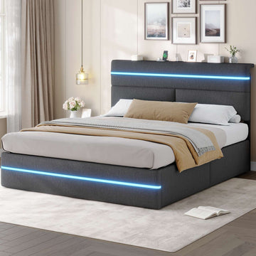 AOGLLATI Bett 160x200 mit Hydraulischem Stauraum Polsterbett mit LED-Kopfteil & Ladestation Jugendbett mit Lattenrost für 160x200 Matratze