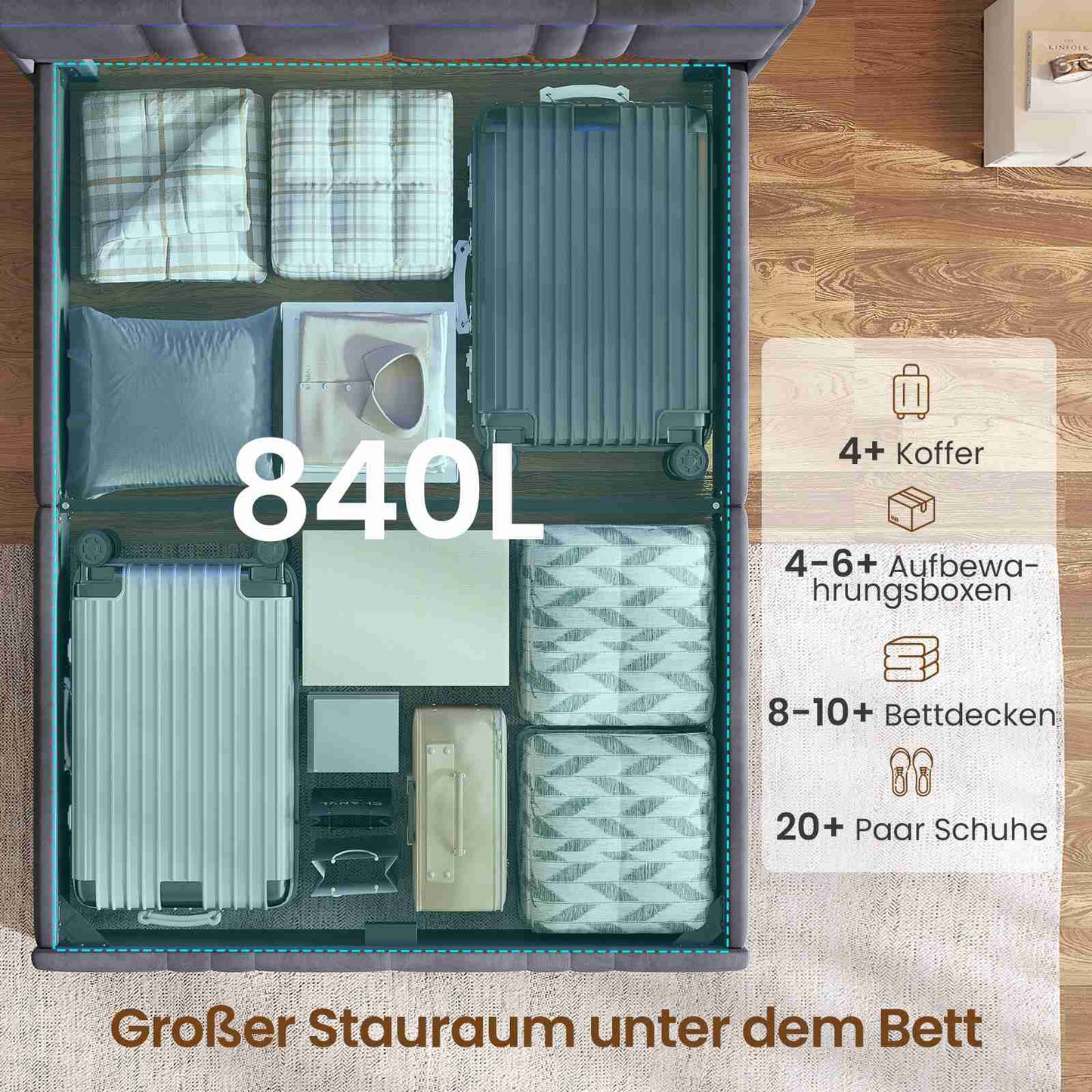 AOGLLATI Polsterbett 140×190 mit Stauraum Jugendbett 140×190 mit Steckdosen und LED-Beleuchtung 30cm Hydraulischer Stauraum