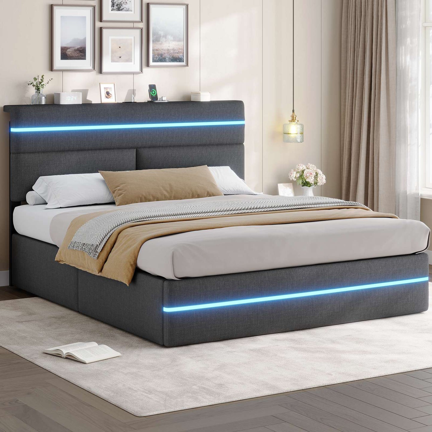 AOGLLATI Bett 160x200 mit Hydraulischem Stauraum Polsterbett mit LED-Kopfteil & Ladestation Jugendbett mit Lattenrost für 160x200 Matratze