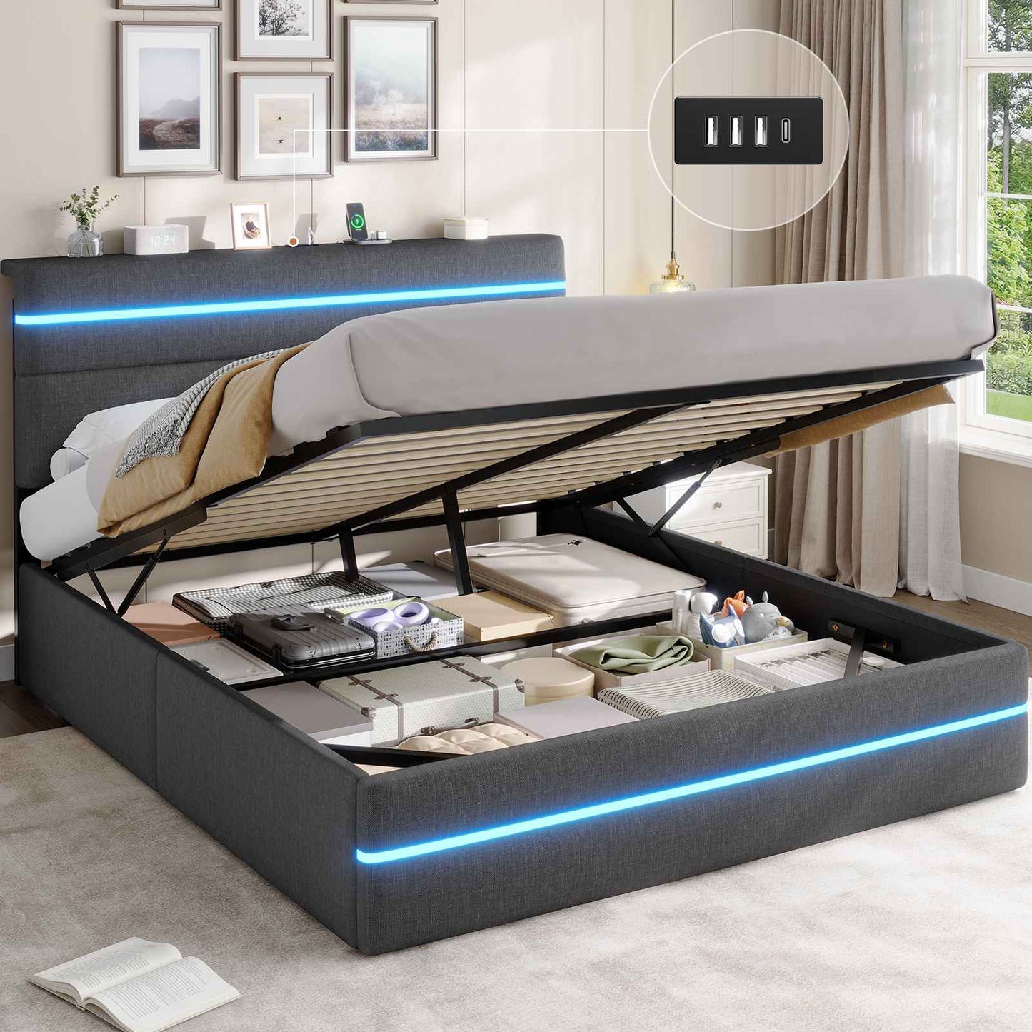 AOGLLATI Bett 160x200 mit Hydraulischem Stauraum Polsterbett mit LED-Kopfteil & Ladestation Jugendbett mit Lattenrost für 160x200 Matratze