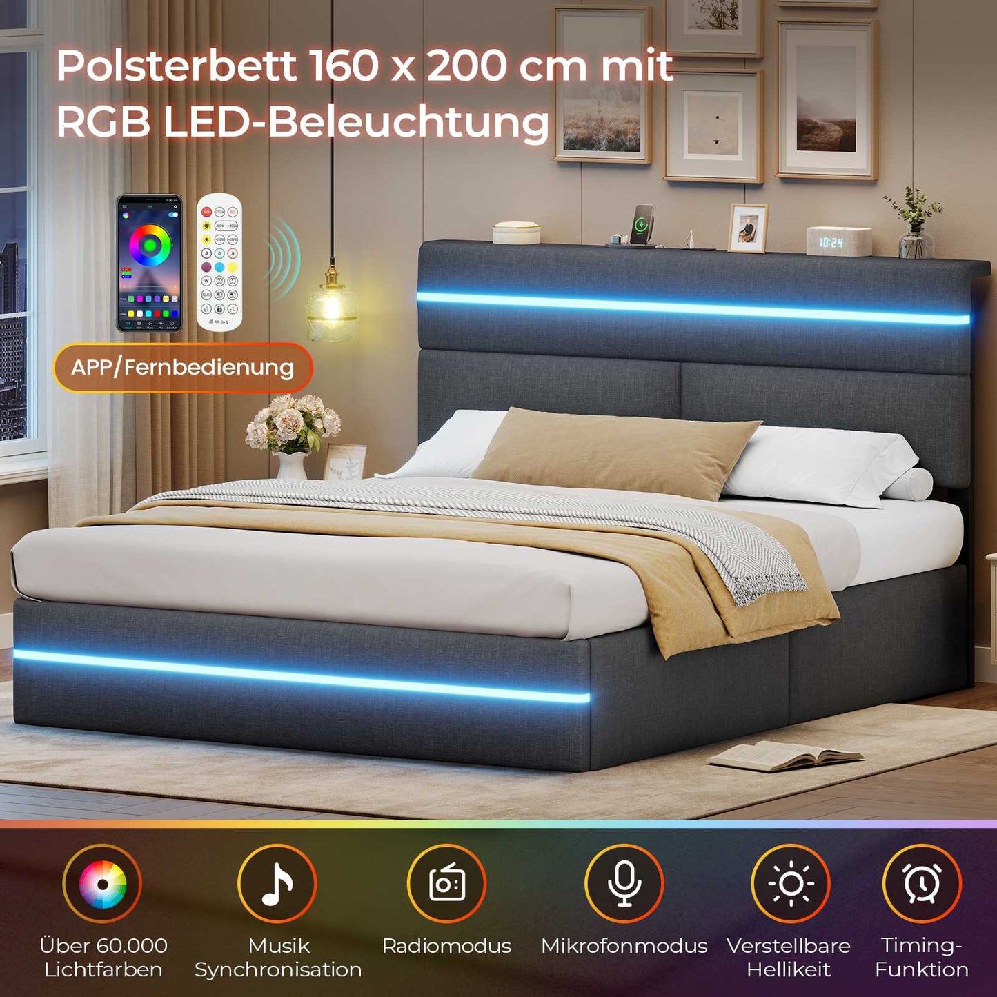 AOGLLATI Bett 160x200 mit Hydraulischem Stauraum Polsterbett mit LED-Kopfteil & Ladestation Jugendbett mit Lattenrost für 160x200 Matratze