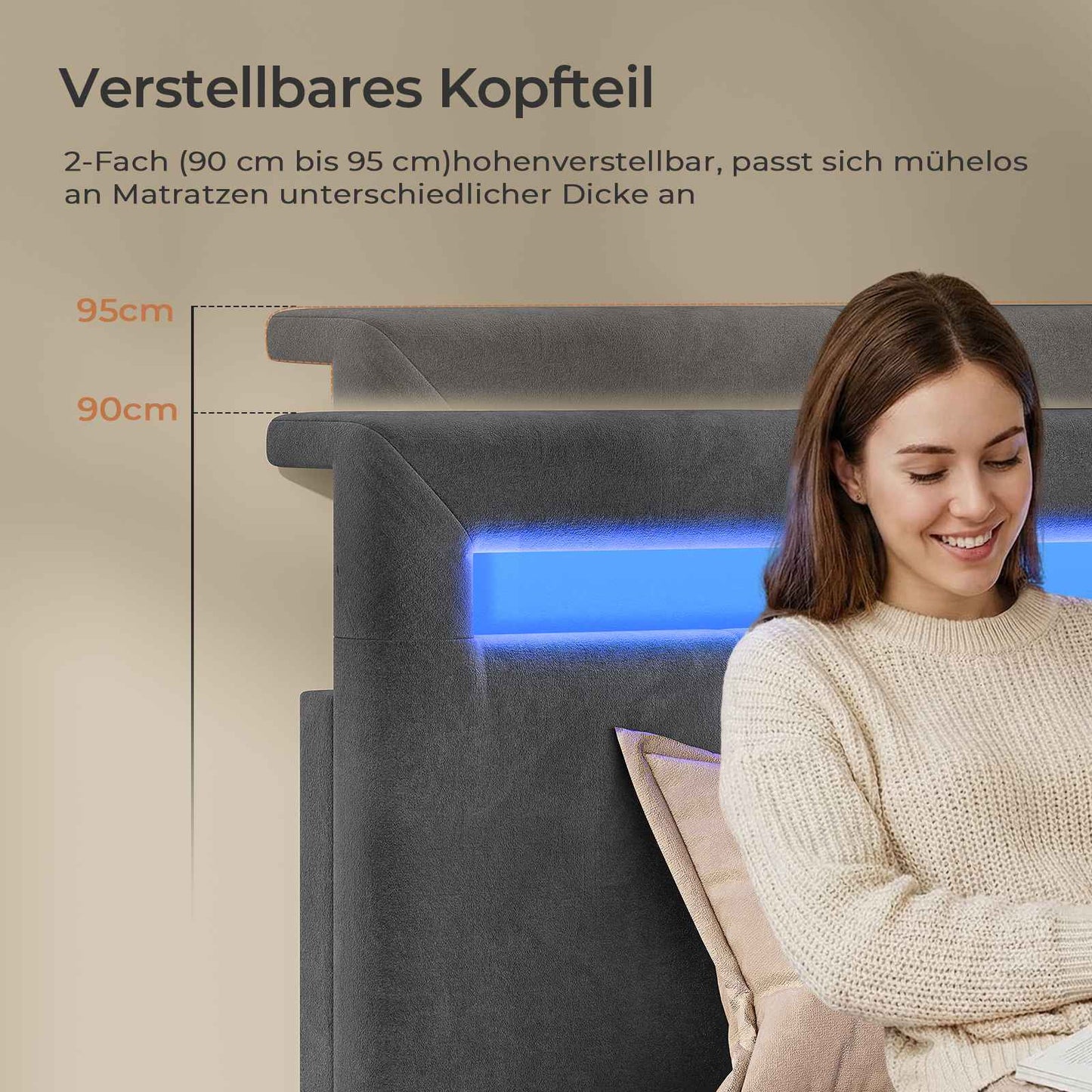 AOGLLATI Polsterbett 140x190 mit Stauraum Jugendbett mit Steckdosen und LED-Beleuchtung Höhenverstellbares Kopfteil