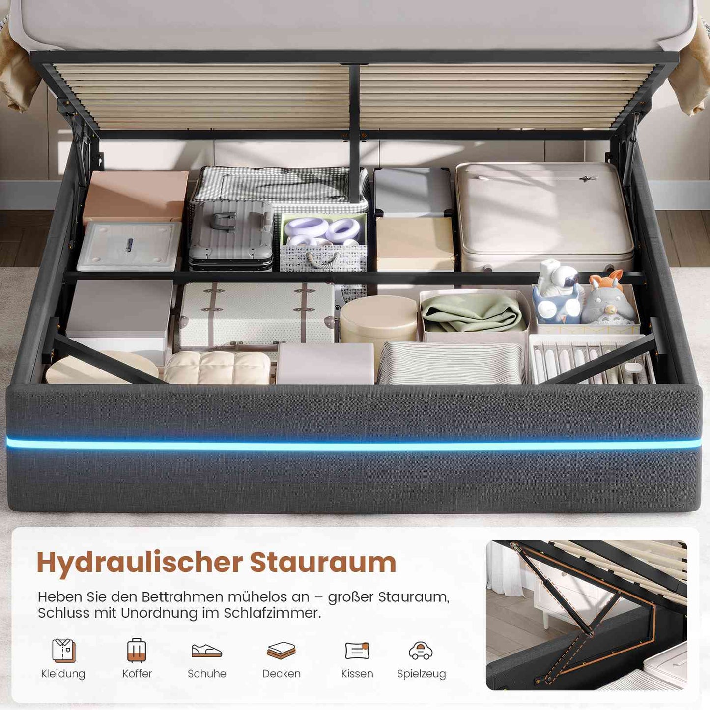 AOGLLATI Bett 160x200 mit Hydraulischem Stauraum Polsterbett mit LED-Kopfteil & Ladestation Jugendbett mit Lattenrost für 160x200 Matratze