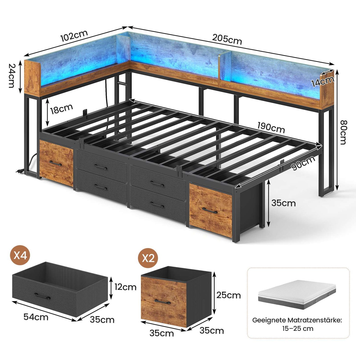 AOGLLATI Bett 90x190 mit Stauraum Schlafsofa mit Integriertem Bücherregal & 6 Schubladen Jugendbett mit LED-Beleuchtung & Ladestation