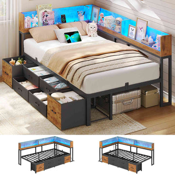 AOGLLATI Bett 90x190 mit Stauraum Schlafsofa mit Integriertem Bücherregal & 6 Schubladen Jugendbett mit LED-Beleuchtung & Ladestation