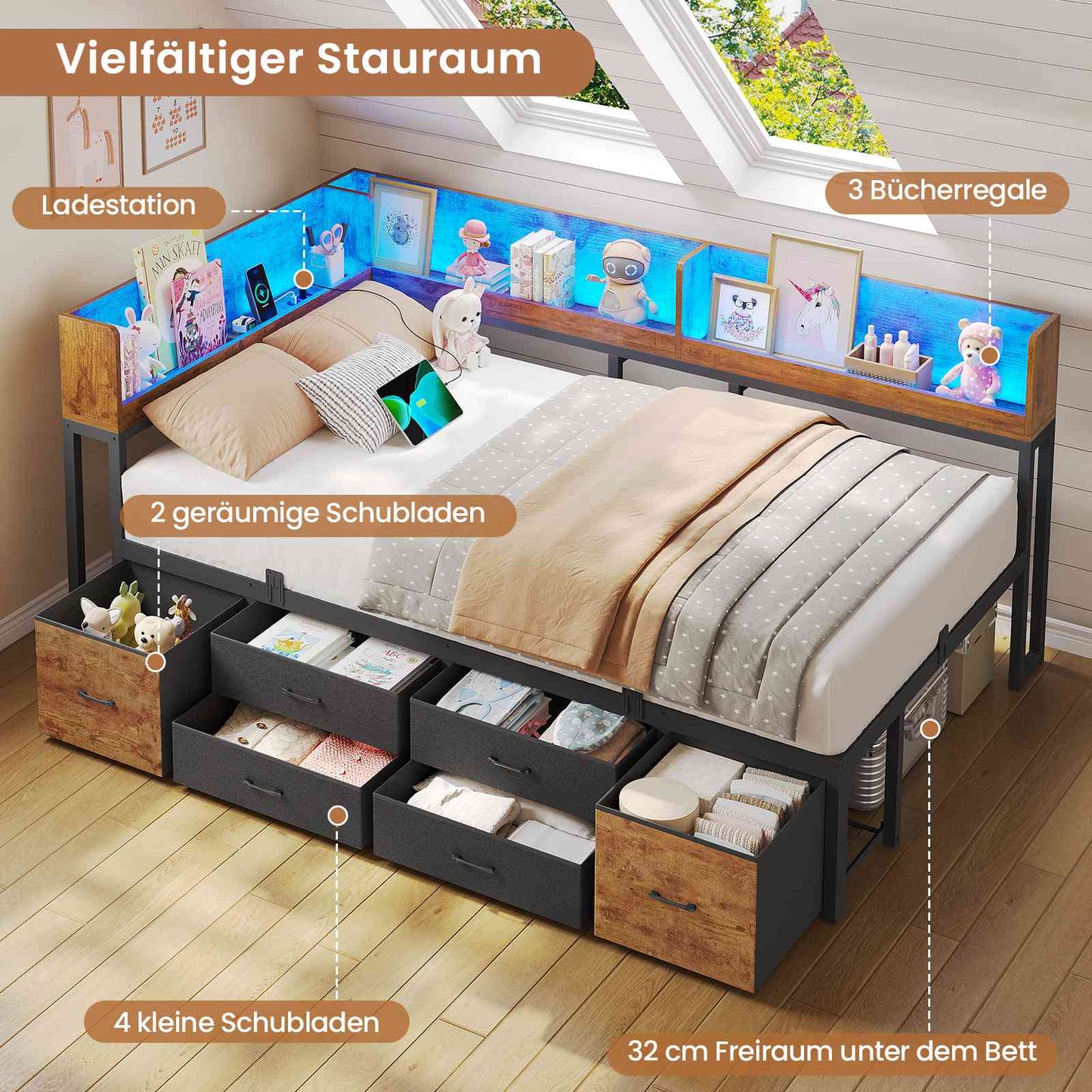 AOGLLATI Bett 90x190 mit Stauraum Schlafsofa mit Integriertem Bücherregal & 6 Schubladen Jugendbett mit LED-Beleuchtung & Ladestation