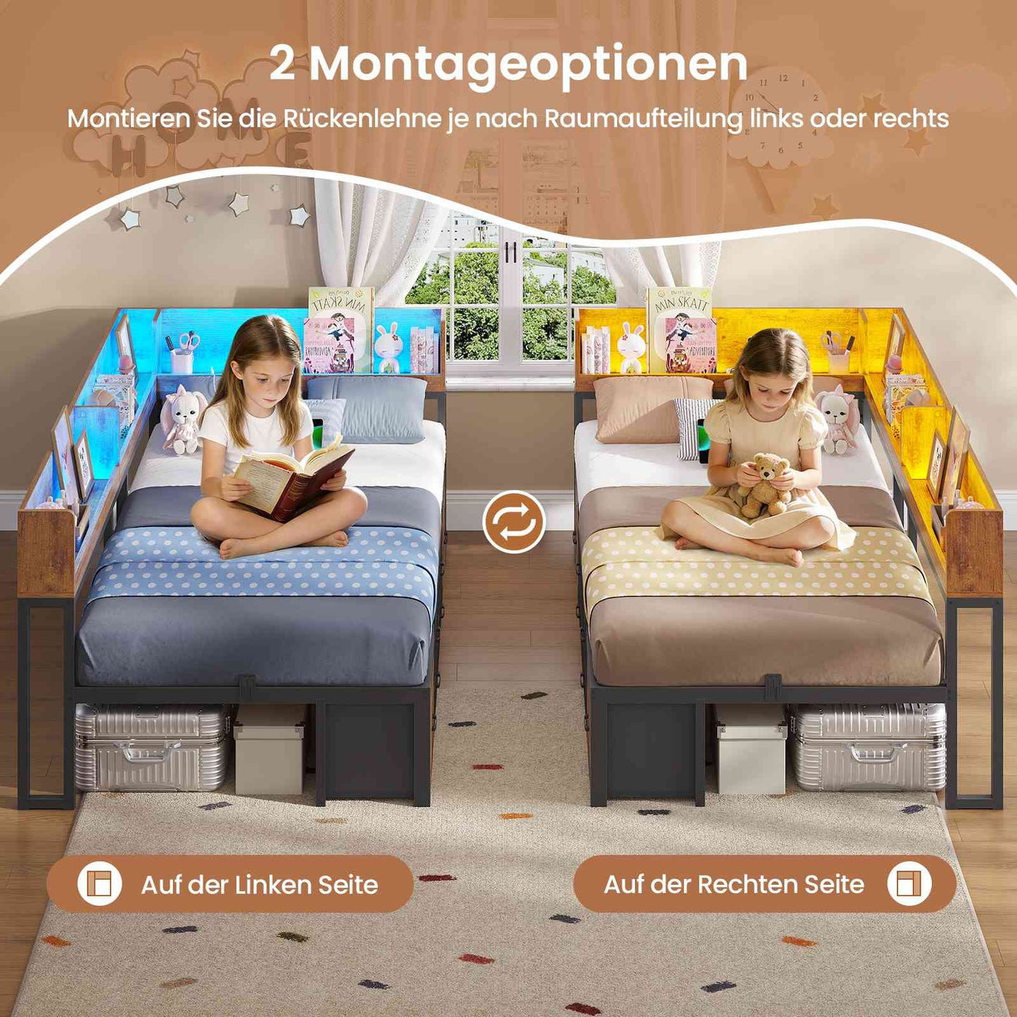 AOGLLATI Bett 90x190 mit Stauraum Schlafsofa mit Integriertem Bücherregal & 6 Schubladen Jugendbett mit LED-Beleuchtung & Ladestation