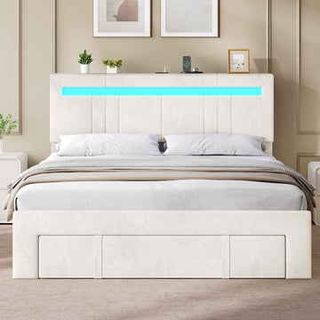 AOGLLATI Polsterbett 140x190 mit Stauraum Jugendbett mit Steckdosen und LED-Beleuchtung Höhenverstellbares Kopfteil
