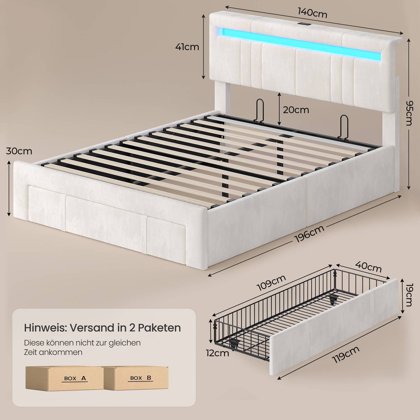 AOGLLATI Polsterbett 140x190 mit Stauraum Jugendbett mit Steckdosen und LED-Beleuchtung Höhenverstellbares Kopfteil