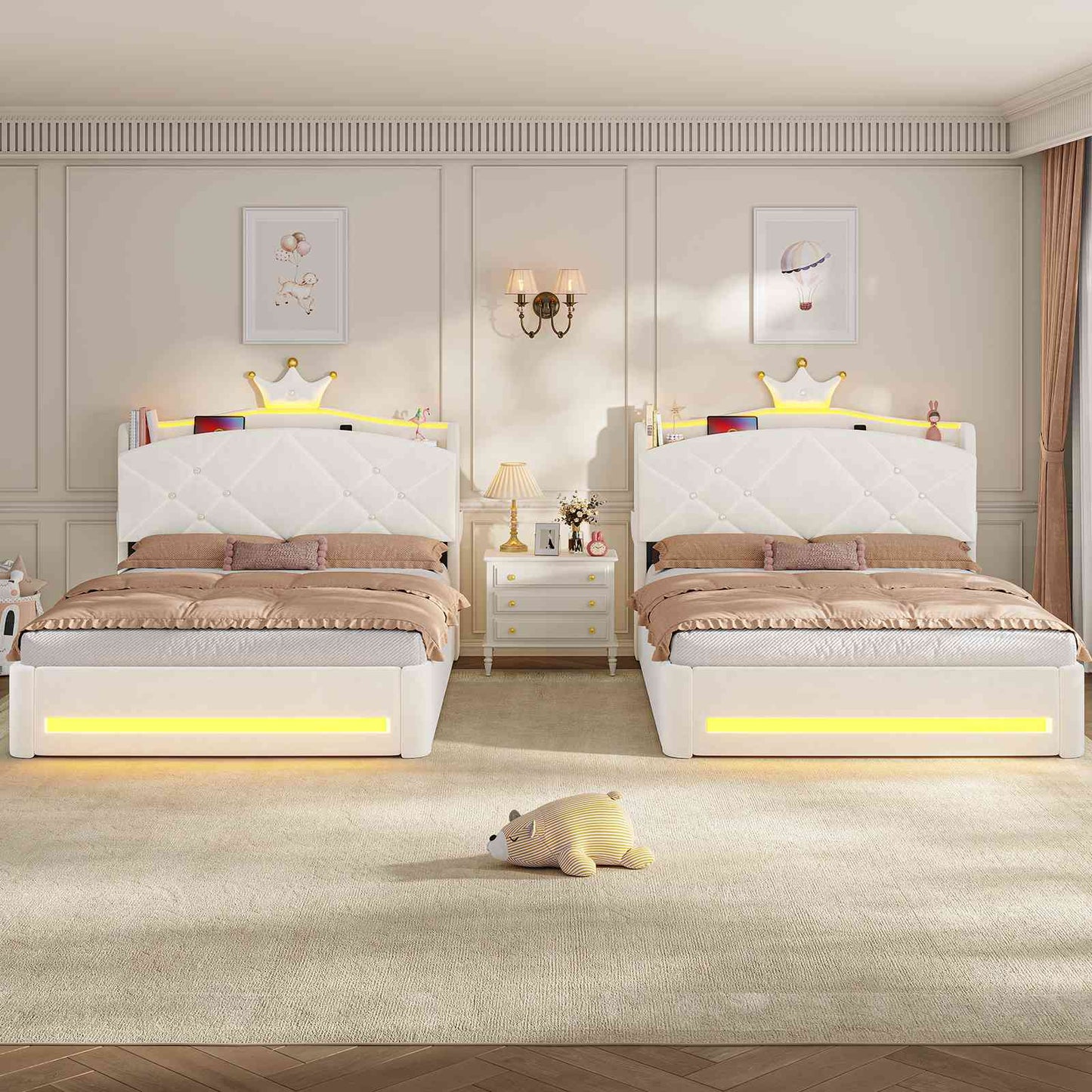 AOGLLATI Polsterbett 140x200 mit Krone-Design Ladestation & LED-Beleuchtung Doppelbett mit Gepolstertes Kopfteil 2 Schubladen