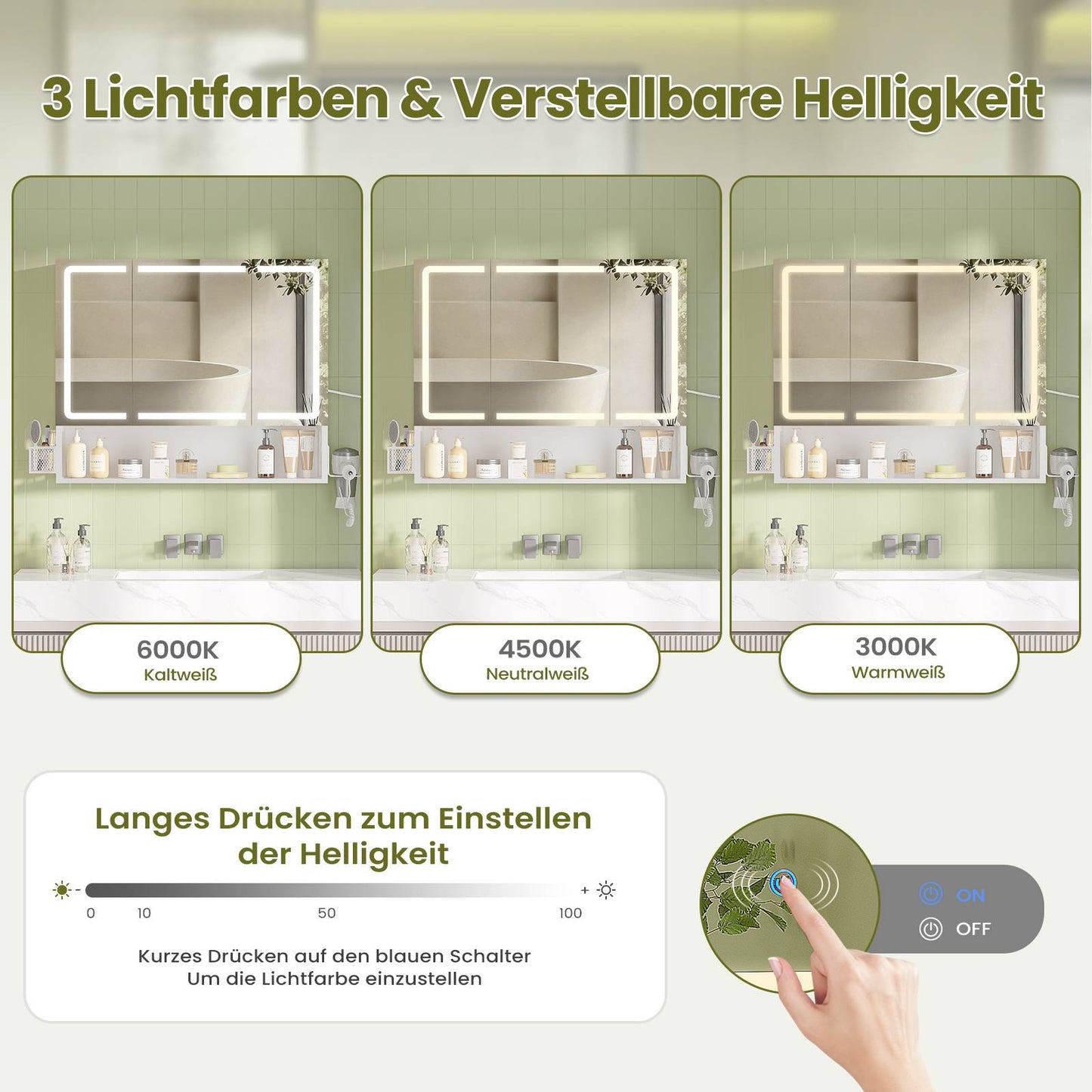 AOGLLATI Spiegelschrank Bad mit LED-Beleuchtung & Steckdose Badezimmerschrank mit 3 Türen Verstellbarem Regal 3 Farbtemperatur dimmbare