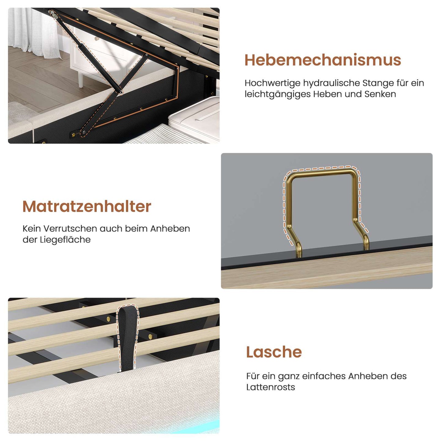 AOGLLATI Bett 160x200 mit Hydraulischem Stauraum Polsterbett mit LED-Kopfteil & Ladestation Jugendbett mit Lattenrost für 160x200 Matratze