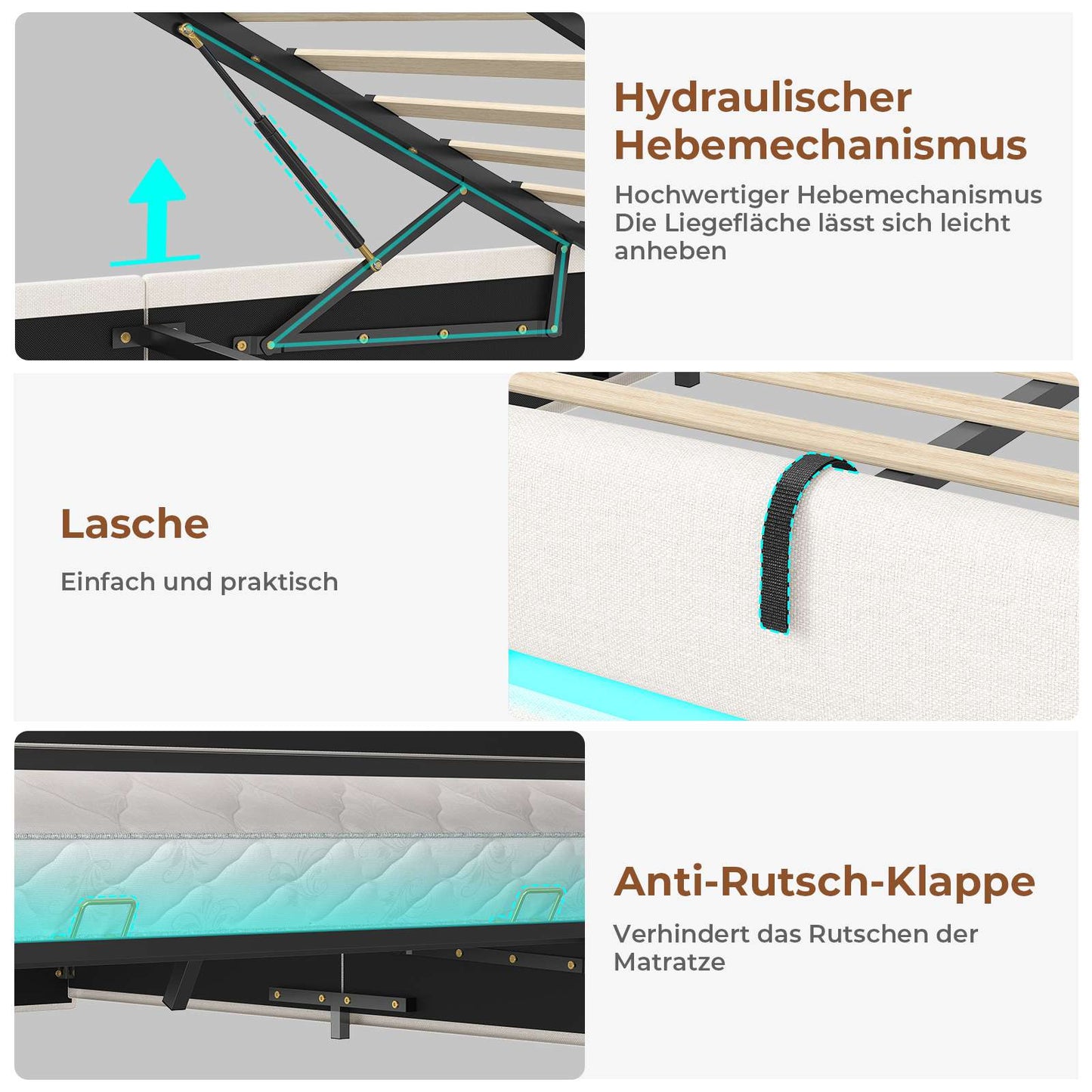 AOGLLATI Polsterbett 140×190 mit Steckdosen und LED-Beleuchtung Bett 140×190 mit Stauraum Kopfteil Hydraulische Stauraum