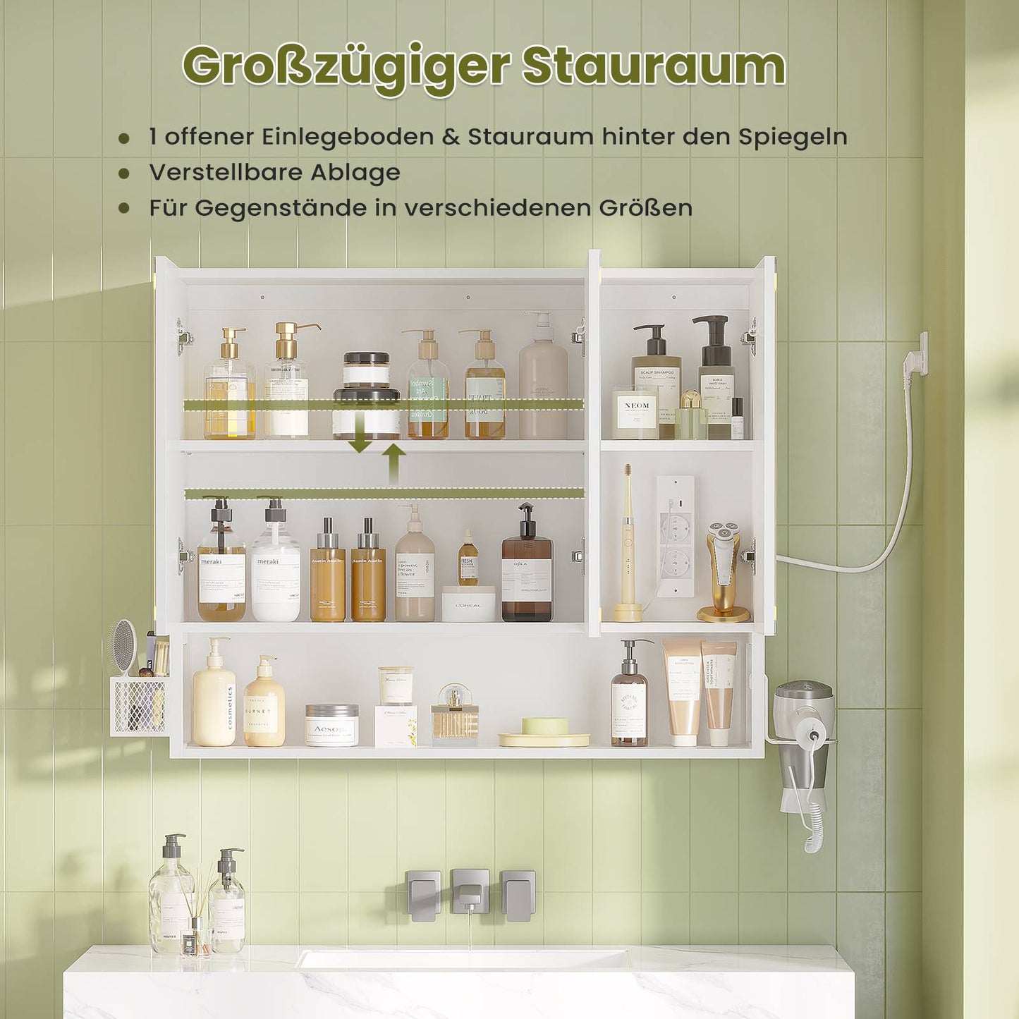 AOGLLATI Spiegelschrank Bad mit LED-Beleuchtung & Steckdose Badezimmerschrank mit 3 Türen Verstellbarem Regal 3 Farbtemperatur dimmbare