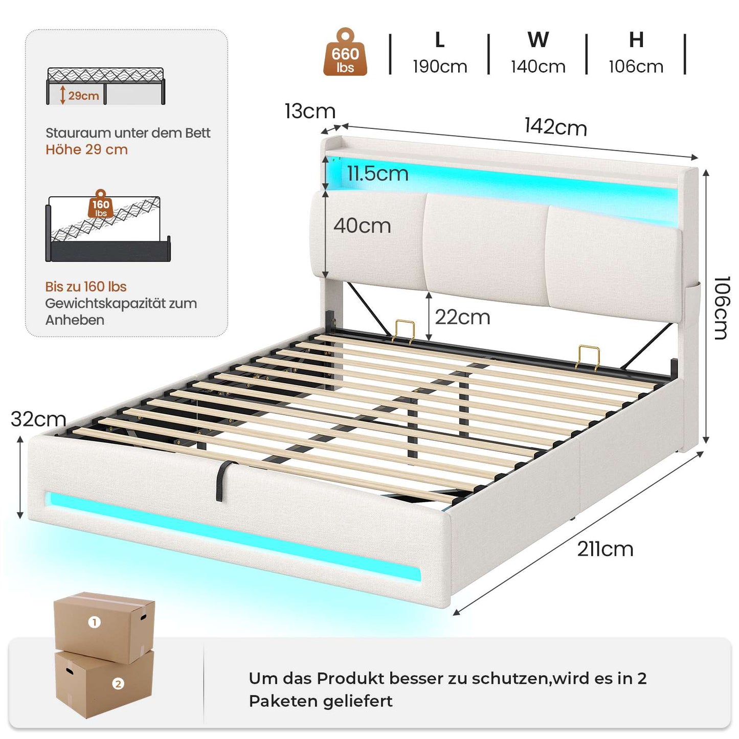AOGLLATI Polsterbett 140×190 mit Steckdosen und LED-Beleuchtung Doppelbett mit Stauraum Kopfteil Bett  mit Hydraulische Stauraum