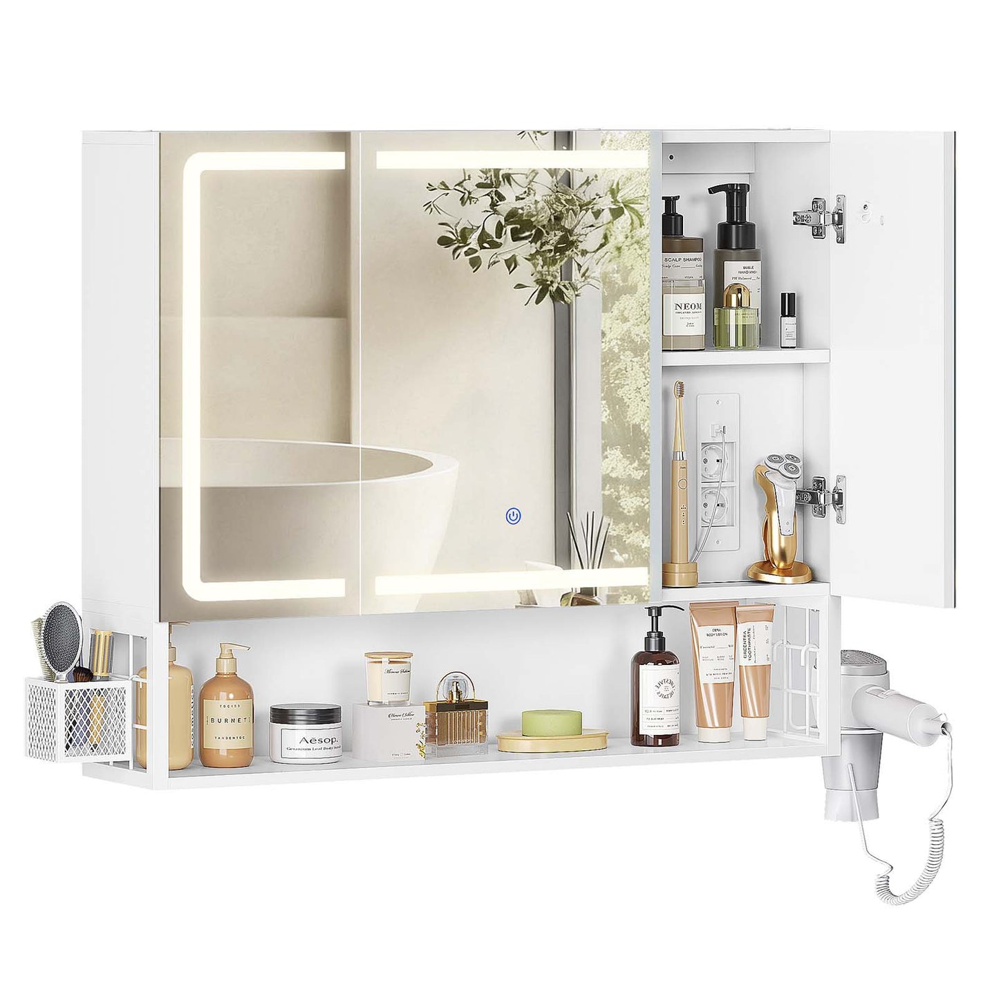 AOGLLATI Spiegelschrank Bad mit LED-Beleuchtung & Steckdose Badezimmerschrank mit 3 Türen Verstellbarem Regal 3 Farbtemperatur dimmbare