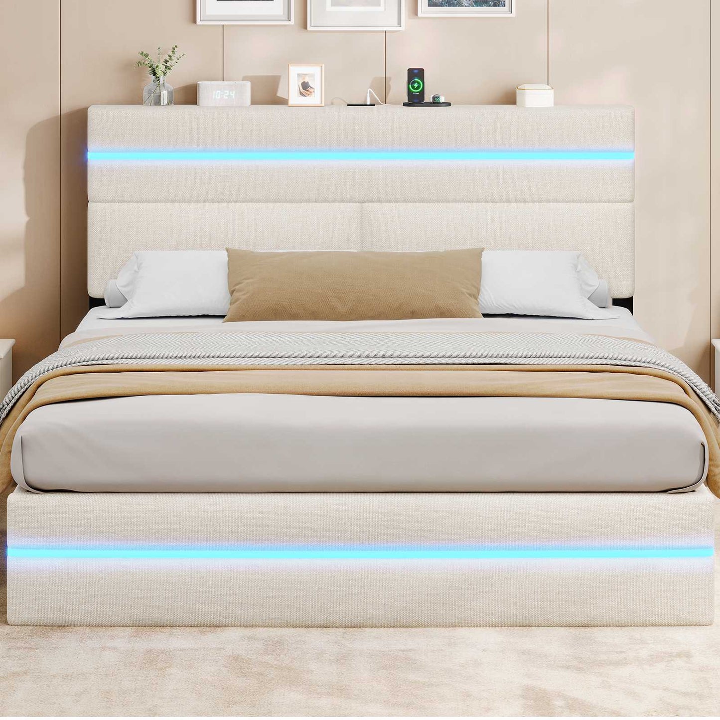 AOGLLATI Bett 160x200 mit Hydraulischem Stauraum Polsterbett mit LED-Kopfteil & Ladestation Jugendbett mit Lattenrost für 160x200 Matratze