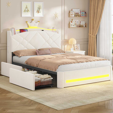 AOGLLATI Polsterbett 140x200 mit Krone-Design Ladestation & LED-Beleuchtung Doppelbett mit Gepolstertes Kopfteil 2 Schubladen