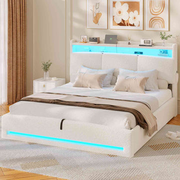 AOGLLATI Polsterbett 140×190 mit Steckdosen und LED-Beleuchtung Bett 140×190 mit Stauraum Kopfteil Hydraulische Stauraum
