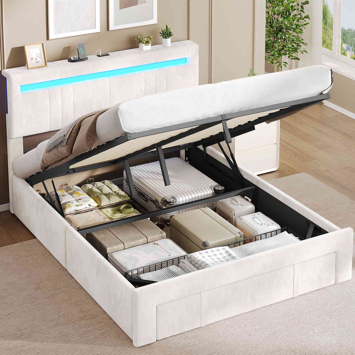 AOGLLATI Polsterbett 140x190 mit Stauraum Jugendbett mit Steckdosen und LED-Beleuchtung Höhenverstellbares Kopfteil
