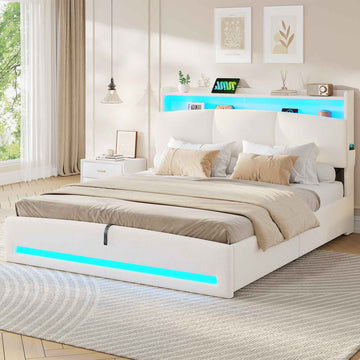 AOGLLATI Polsterbett 140×190 mit Steckdosen und LED-Beleuchtung Bett 140×190 mit Stauraum Kopfteil Hydraulische Stauraum