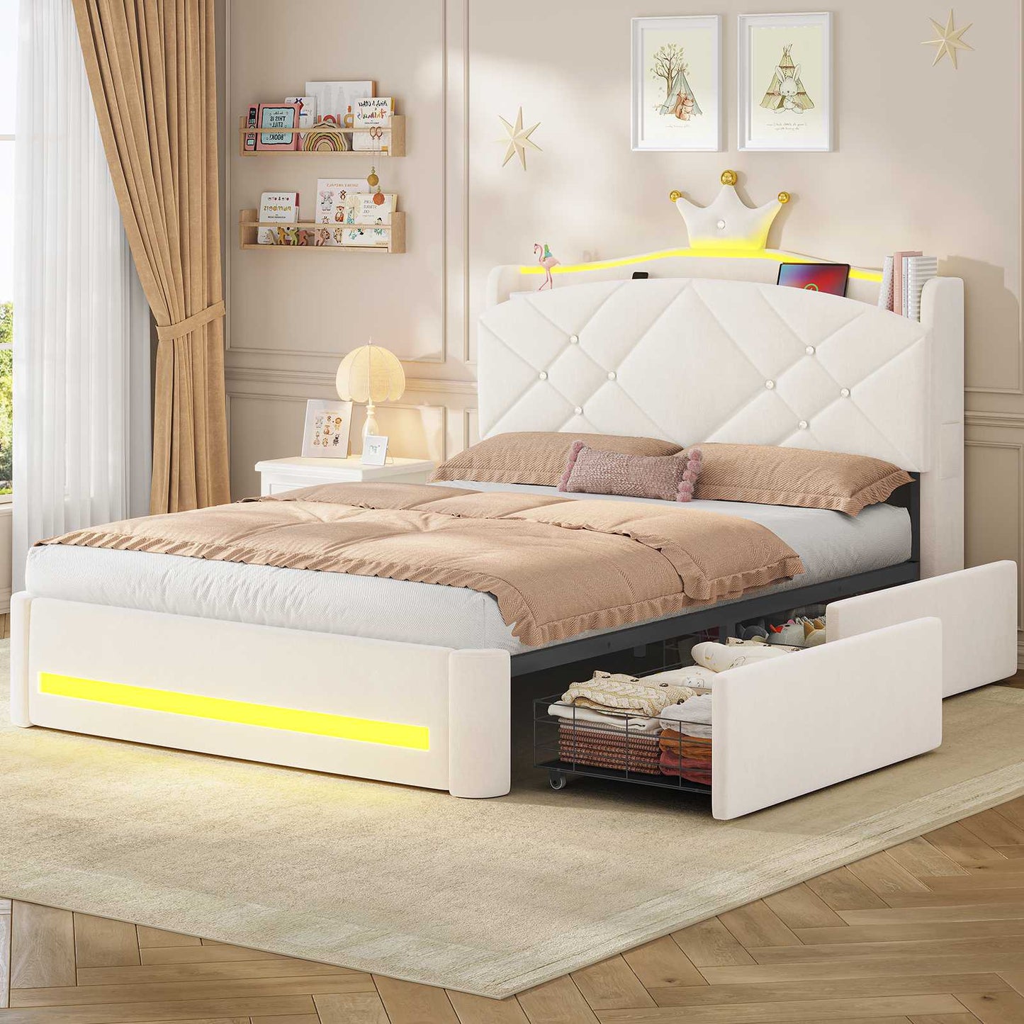 AOGLLATI Polsterbett 140x200 mit Krone-Design Ladestation & LED-Beleuchtung Doppelbett mit Gepolstertes Kopfteil 2 Schubladen