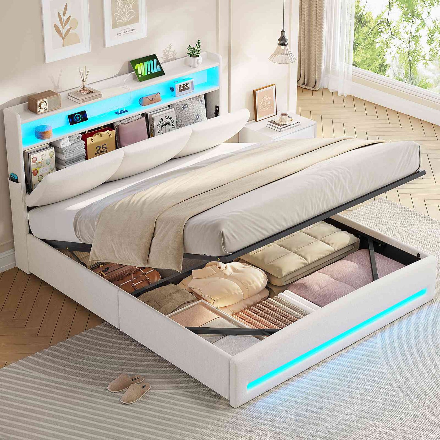 AOGLLATI Polsterbett 140×190 mit Steckdosen und LED-Beleuchtung Doppelbett mit Stauraum Kopfteil Bett  mit Hydraulische Stauraum