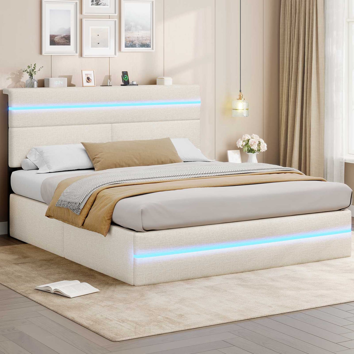 AOGLLATI Bett 160x200 mit Hydraulischem Stauraum Polsterbett mit LED-Kopfteil & Ladestation Jugendbett mit Lattenrost für 160x200 Matratze
