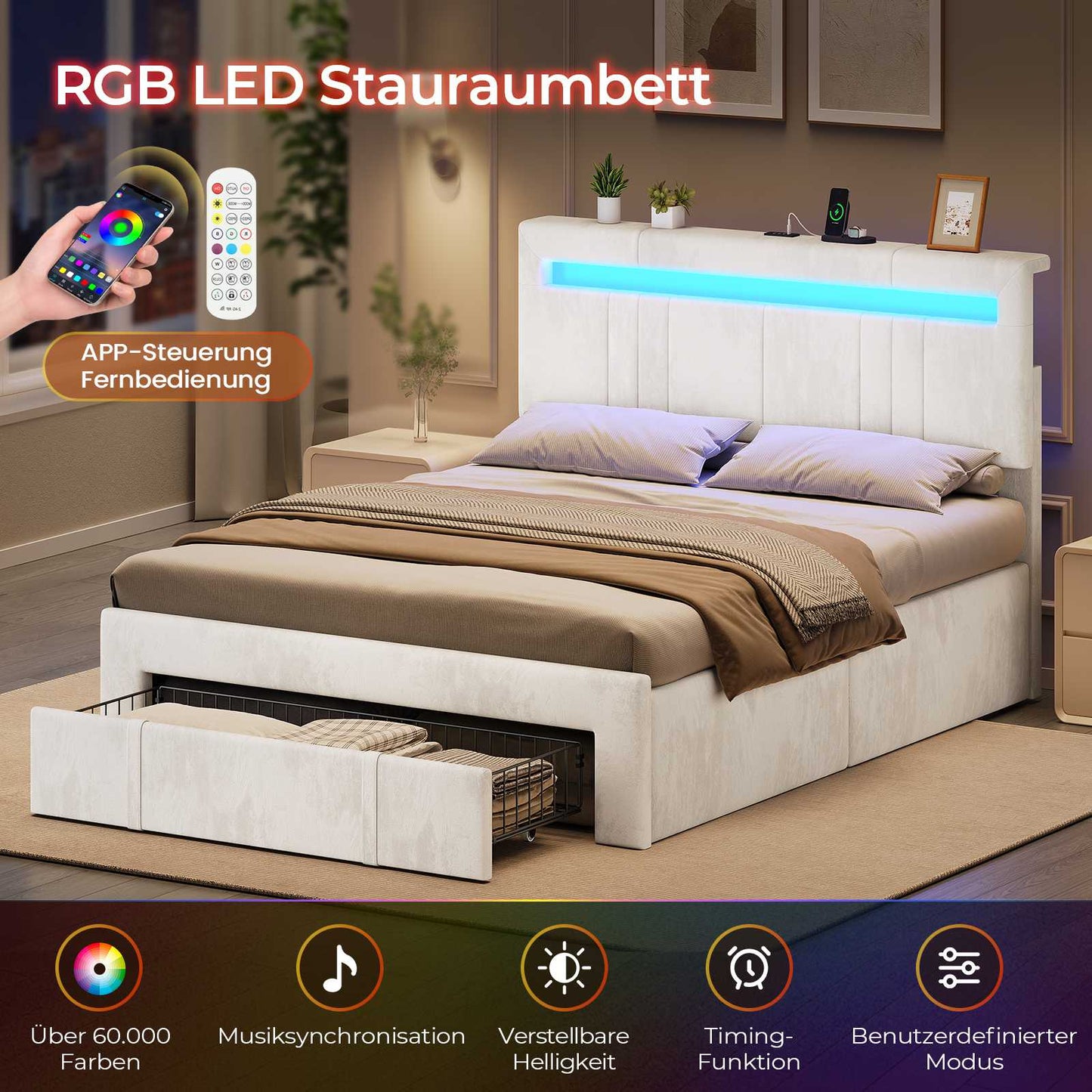 AOGLLATI Polsterbett 140x190 mit Stauraum Jugendbett mit Steckdosen und LED-Beleuchtung Höhenverstellbares Kopfteil