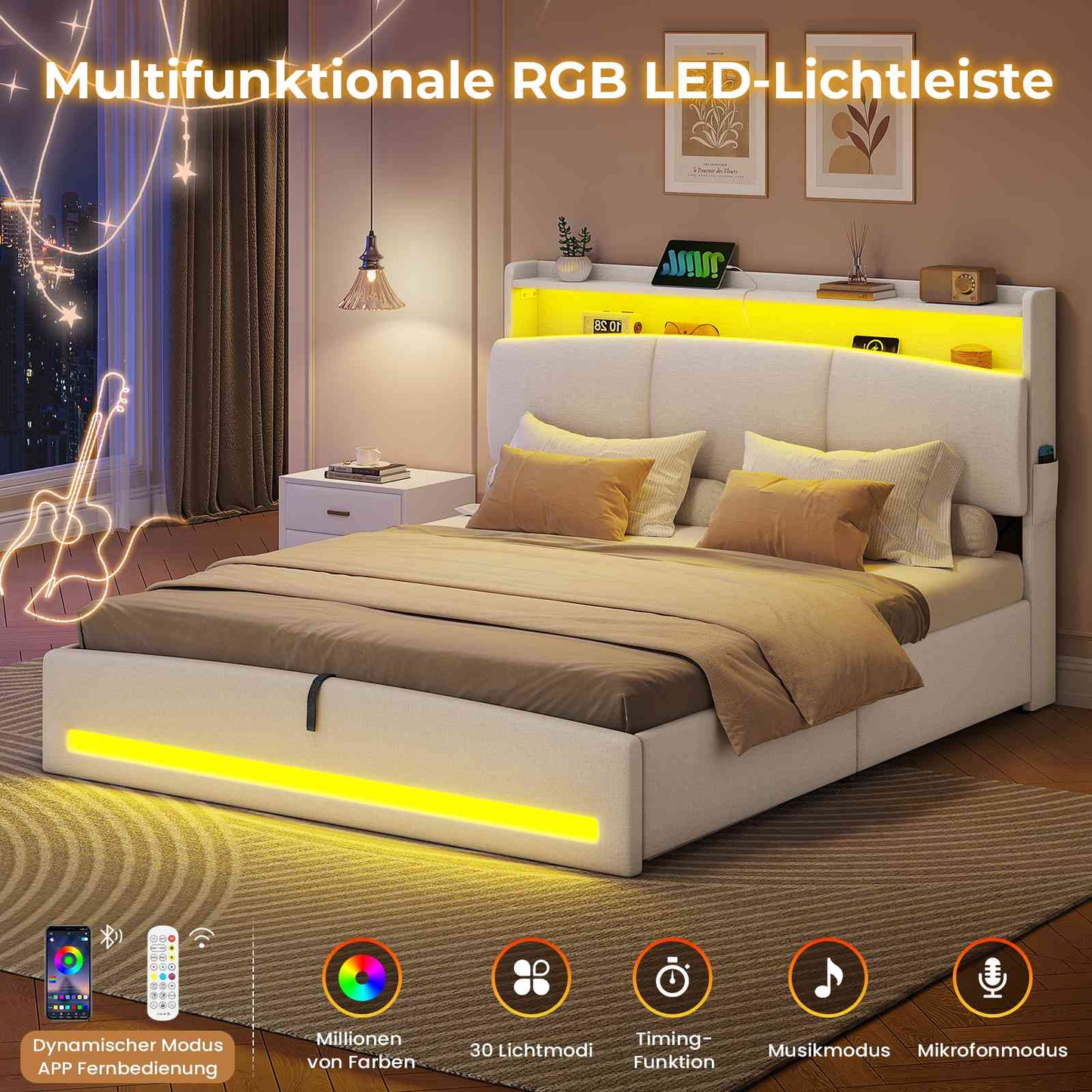 AOGLLATI Polsterbett 140×190 mit Steckdosen und LED-Beleuchtung Doppelbett mit Stauraum Kopfteil Bett  mit Hydraulische Stauraum