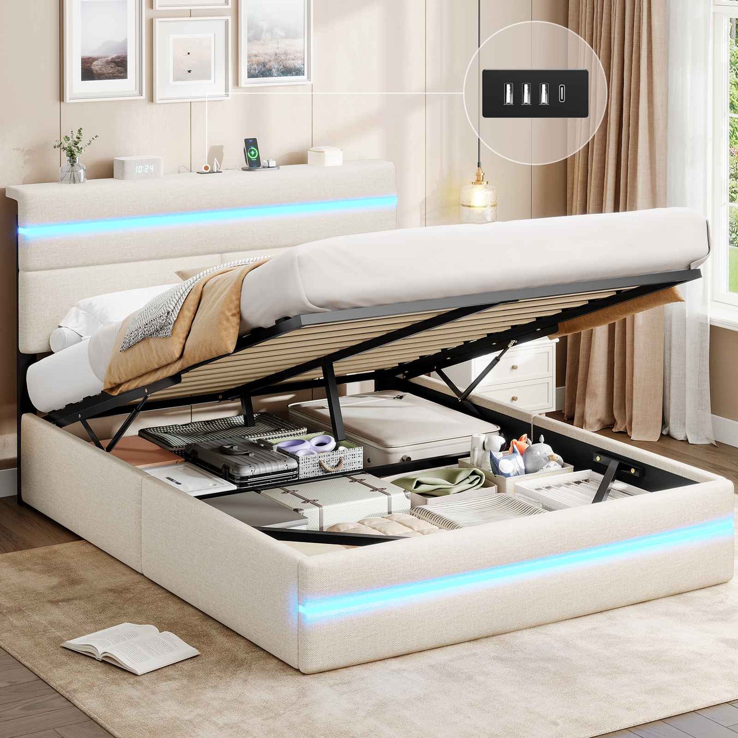 AOGLLATI Bett 160x200 mit Hydraulischem Stauraum Polsterbett mit LED-Kopfteil & Ladestation Jugendbett mit Lattenrost für 160x200 Matratze