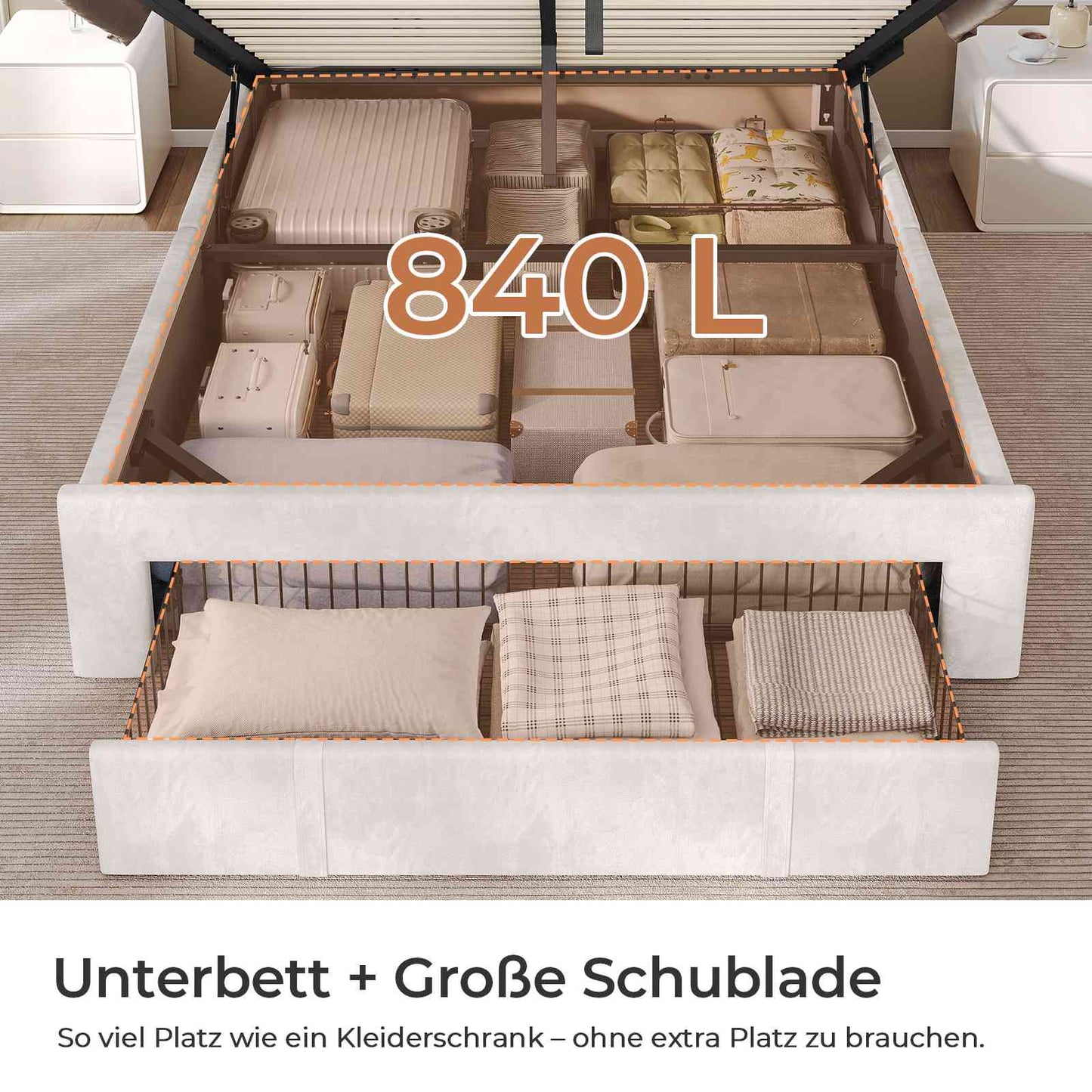 AOGLLATI Polsterbett 140x190 mit Stauraum Jugendbett mit Steckdosen und LED-Beleuchtung Höhenverstellbares Kopfteil