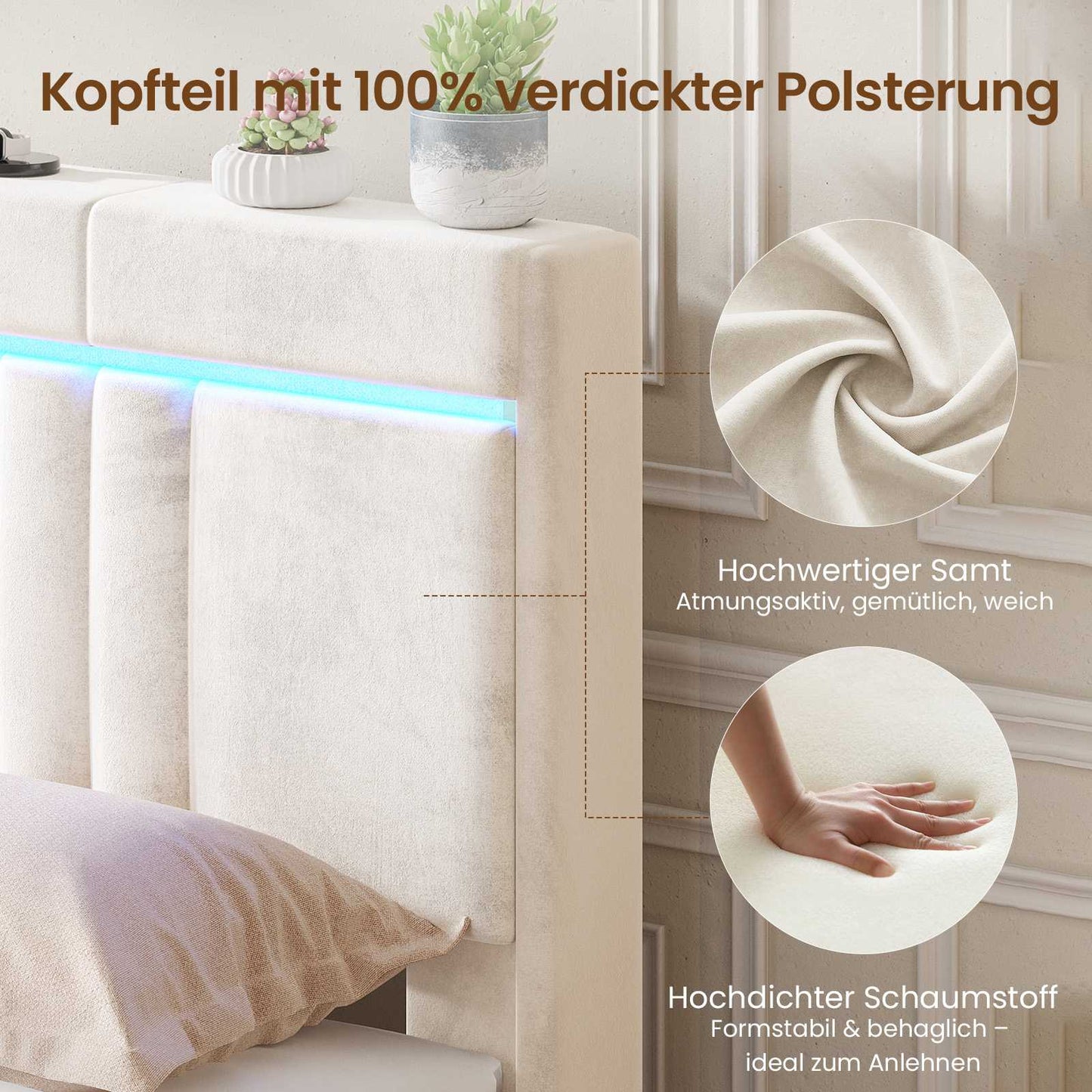AOGLLATI Polsterbett 140×190 mit Stauraum Jugendbett 140×190 mit Steckdosen und LED-Beleuchtung 30cm Hydraulischer Stauraum