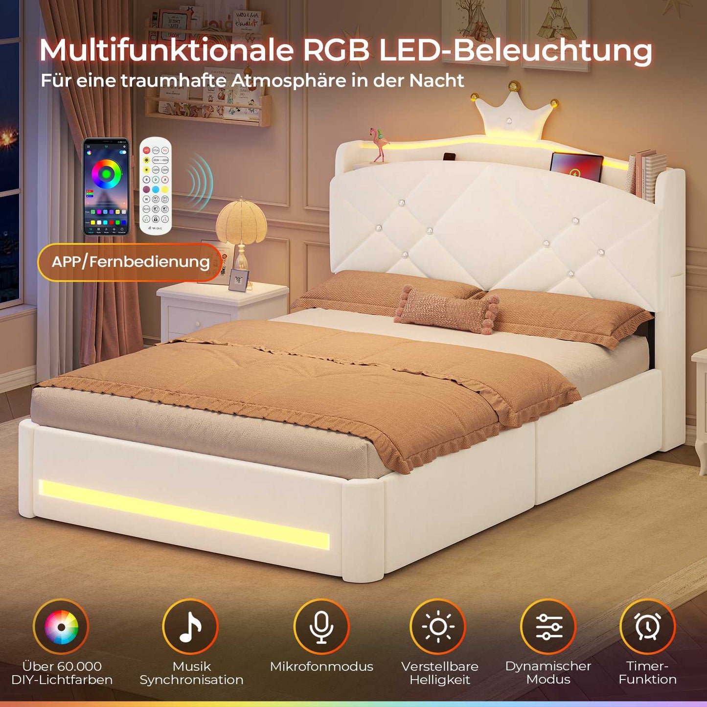 AOGLLATI Polsterbett 140x200 mit Krone-Design Ladestation & LED-Beleuchtung Doppelbett mit Gepolstertes Kopfteil 2 Schubladen