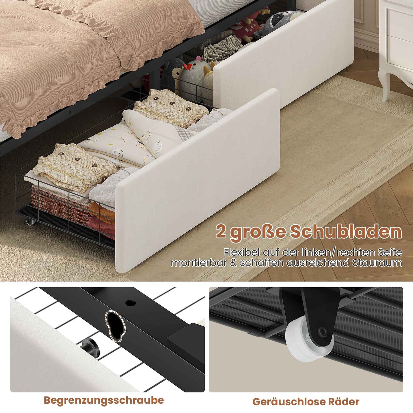 AOGLLATI Polsterbett 140x200 mit Krone-Design Ladestation & LED-Beleuchtung Doppelbett mit Gepolstertes Kopfteil 2 Schubladen