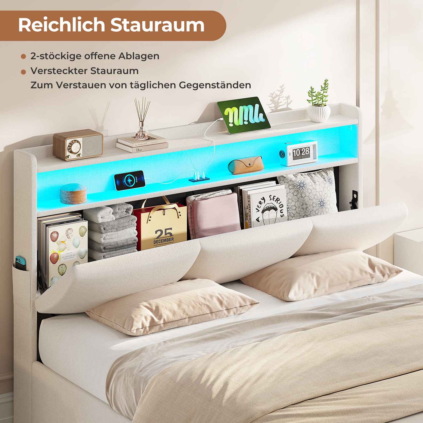 AOGLLATI Polsterbett 140×190 mit Steckdosen und LED-Beleuchtung Bett 140×190 mit Stauraum Kopfteil Hydraulische Stauraum