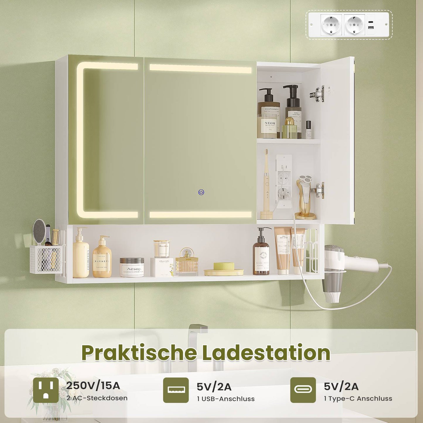 AOGLLATI Spiegelschrank Bad mit LED-Beleuchtung & Steckdose Badezimmerschrank mit 3 Türen Verstellbarem Regal 3 Farbtemperatur dimmbare