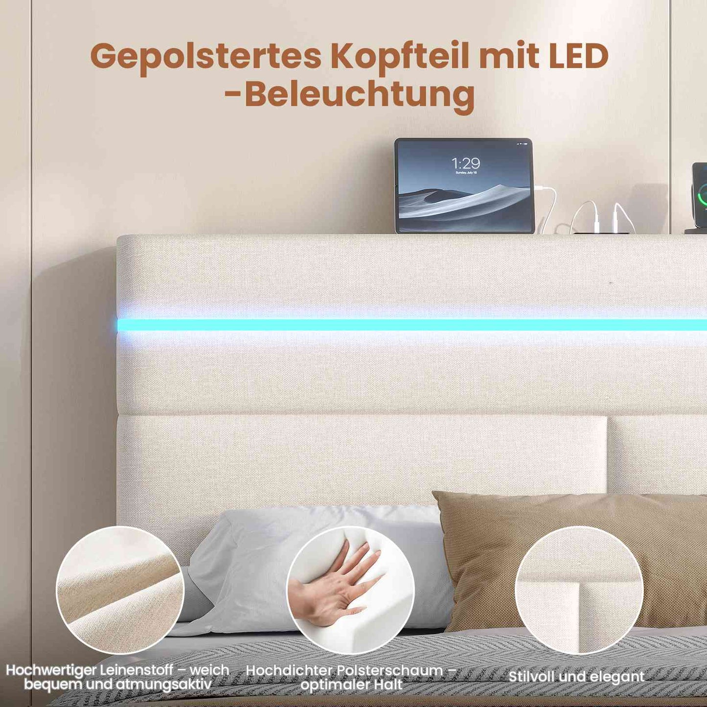 AOGLLATI Bett 160x200 mit Hydraulischem Stauraum Polsterbett mit LED-Kopfteil & Ladestation Jugendbett mit Lattenrost für 160x200 Matratze